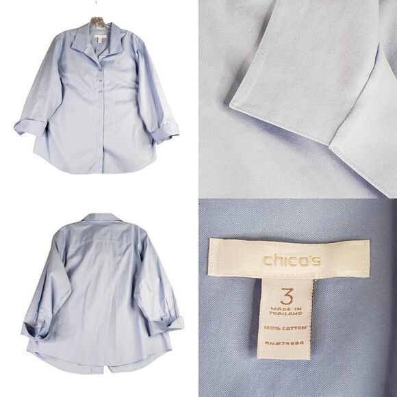 Chicos Shirt Top Women’s Size 3 US XL Blue Button Up Cotton Collared - Picture 1 of 8